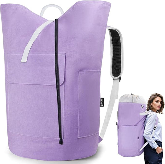 Laundry Bag Backpack, 125L Extra Large Laundry Backpack with Shoulder Straps, Adjustable Extendable Laundry Hamper Bag with 3 Pockets for College, Travel, Camping (Purple)
