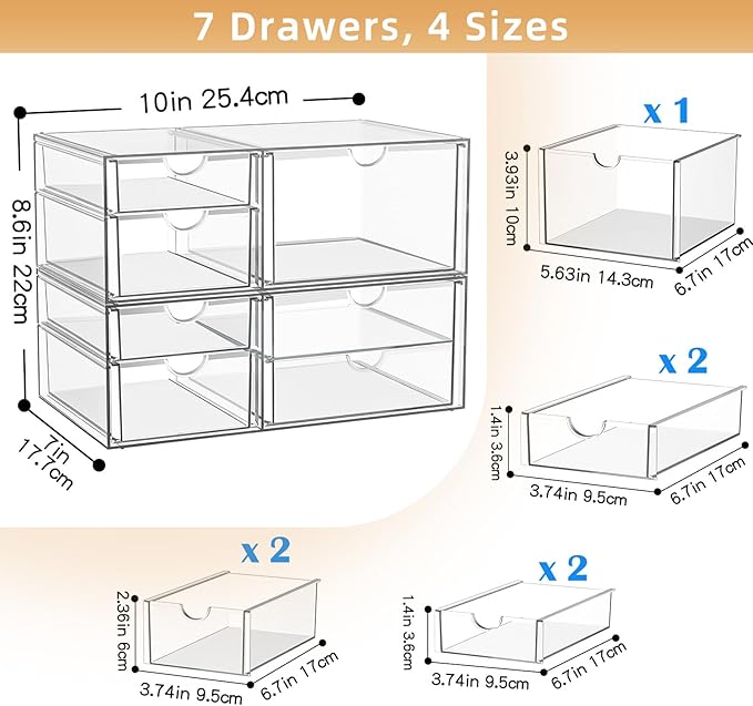 Clear Stackable Storage Drawers, Acrylic Makeup Organizer with 7 Drawers, Bathroom Organizers and Storage, Plastic Bins for For Vanity, Undersink, Kitchen Cabinets, Pantry