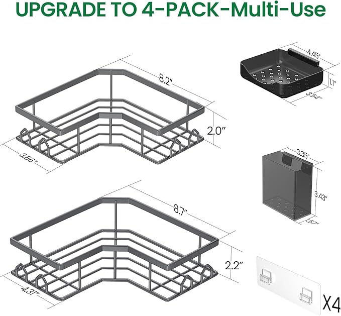 Adhesive Shower Caddy, 4 Pack Corner Bath Organizer, Rustproof Stainless Steel Shower Shelves with Large Capacity, No Drilling Shelves for Bathroom Storage, Home, Kitchen Decor (Dark Grey).
