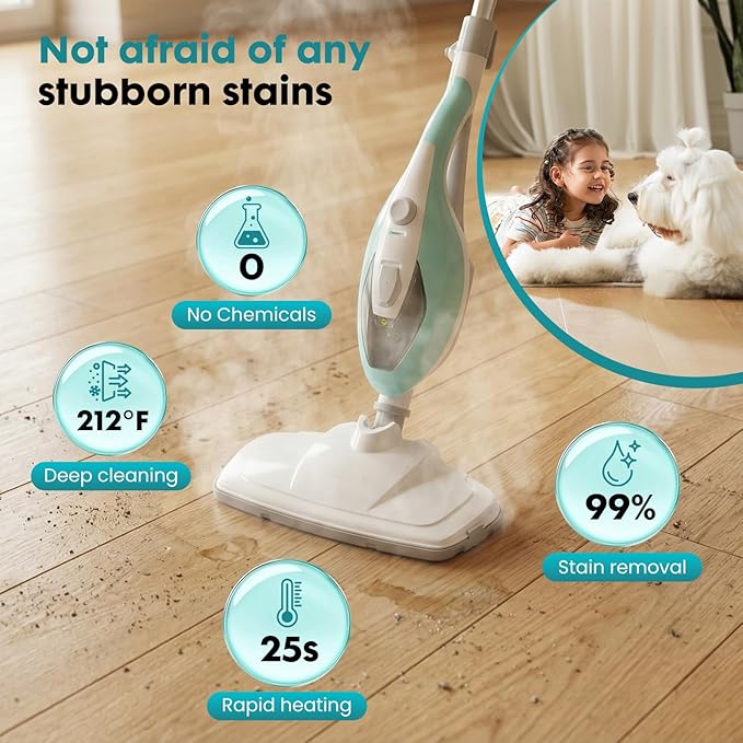 OLIXIS 10-in-1 Steam Mop, 1550W Detachable Handheld Steam Cleaner for Floor Cleaning, 16FT Cord, 2 Washable Pads, Multi-Purpose Floor Steamer for Hardwood, Carpet, Tile, Grout, Windows, White Green