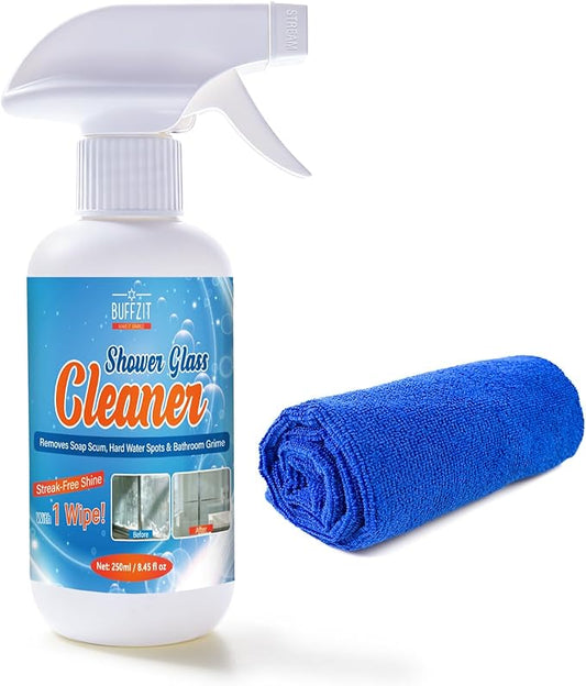 Shower Glass Cleaner, Hard Water Stain & Soap Scum Remover for Glass, Windows and Mirrors, Streak-Free Bathroom Glass Cleaner with Cleaning Towel, 8.45 fl oz / 250ml