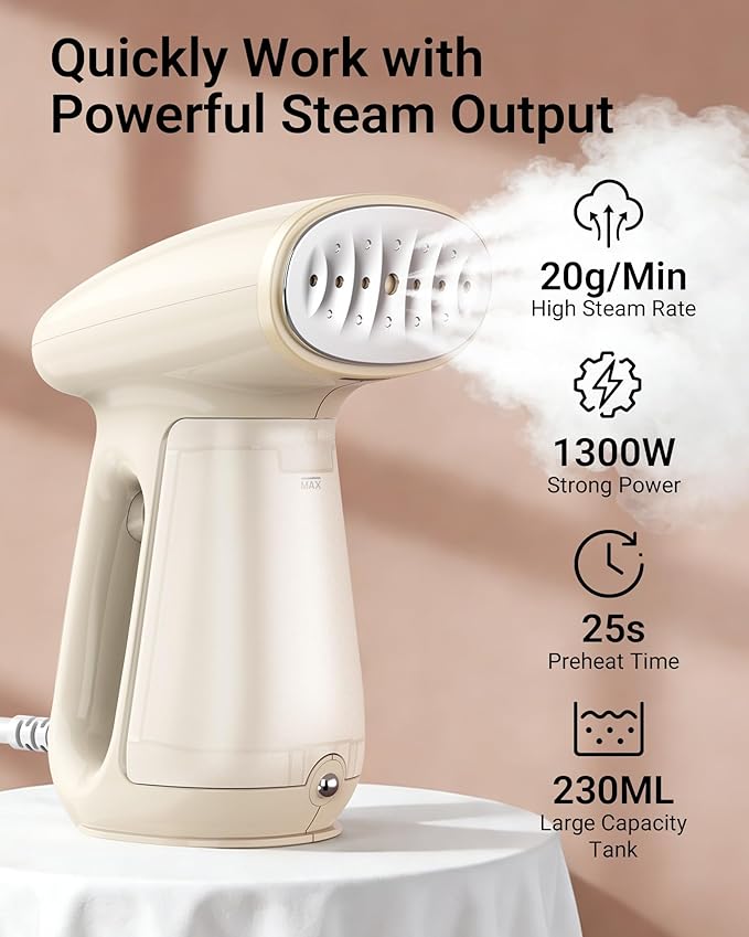 Bear Steamer for Clothes, Handheld Clothes Steamer,1300W Strong Power Garment Steamer with 230ml Tank,Fast Heat-up, Auto-Off, Steam Iron Fabric Wrinkle Remover with Brush for Home and Travel