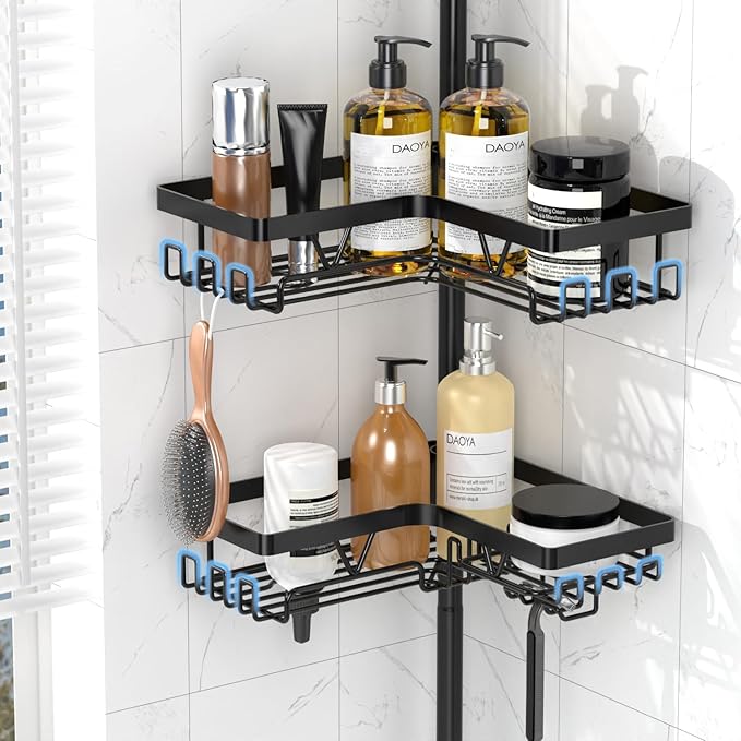 Tension Rod Shower Caddy Corner - Tension Pole Shower Caddy with 2 Towel Bars & Toothbrush Holder, Black Bathtub Organizers and Storage Corner Stainless Steel(Tall 25 to 114.2 Inches)