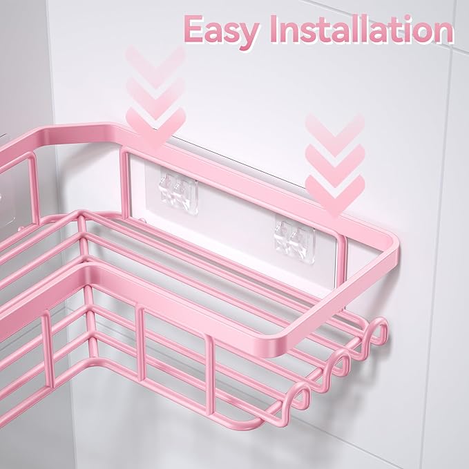 YASONIC Corner Adhesive Shower Caddy, with Soap Holder and 12 Hooks, Rustproof Stainless Steel Bathroom Organizer, No Drilling Wall Mounted Rack, Pink, 3-Pack