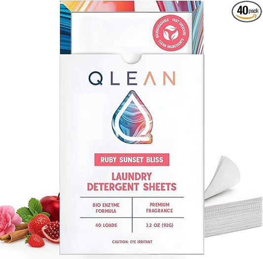 QLEAN Laundry Detergent Sheets (Travel Size 40 Loads) – Travel Laundry Detergent Sheets, Eco-Friendly Laundry Soap, HE & Standard Washer Safe, Stain Remover, Skin-Friendly - Ruby Sunset Bliss