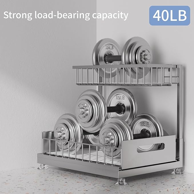 Under Sink Organizer Storage 2-Tier Premium Metal Pull-Out Kitchen Cabinet Organizer with Sliding Drawer, Height Adjustable, Heavy Duty for Kitchen & Bathroom Organizers 2 Pack Grey