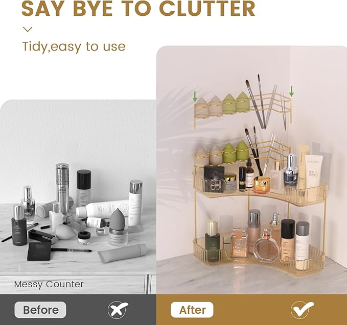 NATURE'S SOURCE Makeup Organizer for Vanity, 2-Tier Corner Bathroom Organizer Countertop with Makeup Brush Holder, Corner Counter Storage for Bathroom Dresser-Amber Gold