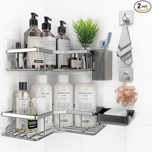 Adhesive Shower Caddy, 6 Pack Corner Bath Organizer, Rustproof Stainless Steel Shower Shelves with Large Capacity, No Drilling Shelves for Bathroom Storage, Home, Kitchen Decor (Silver).