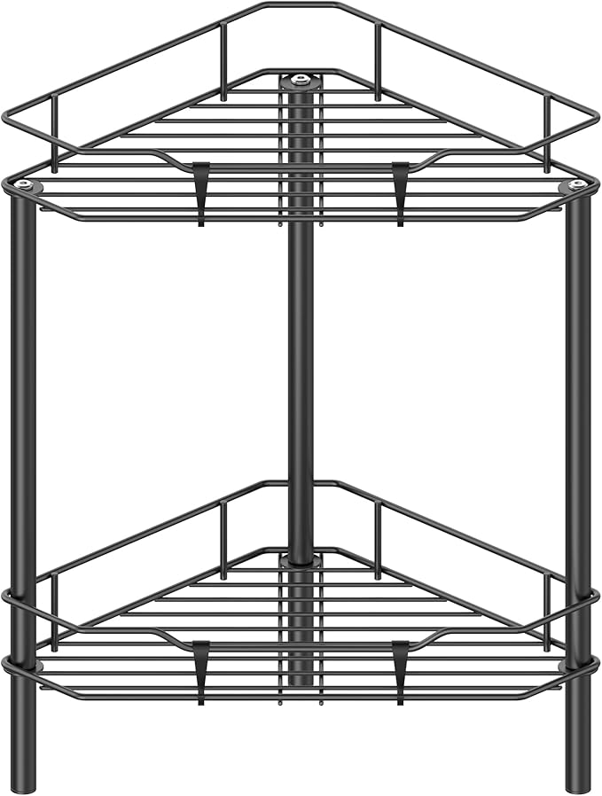 2 Tier Floor Standing Corner Shower Caddy Organizer Shelf with Hooks, Bathroom Shelves Stand Rack, Black