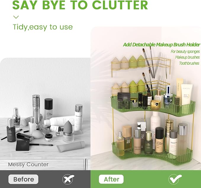 NATURE'S SOURCE Makeup Organizer for Vanity, 2-Tier Corner Bathroom Organizer Countertop with Makeup Brush Holder, Corner Counter Storage for Bathroom Dresser- Green