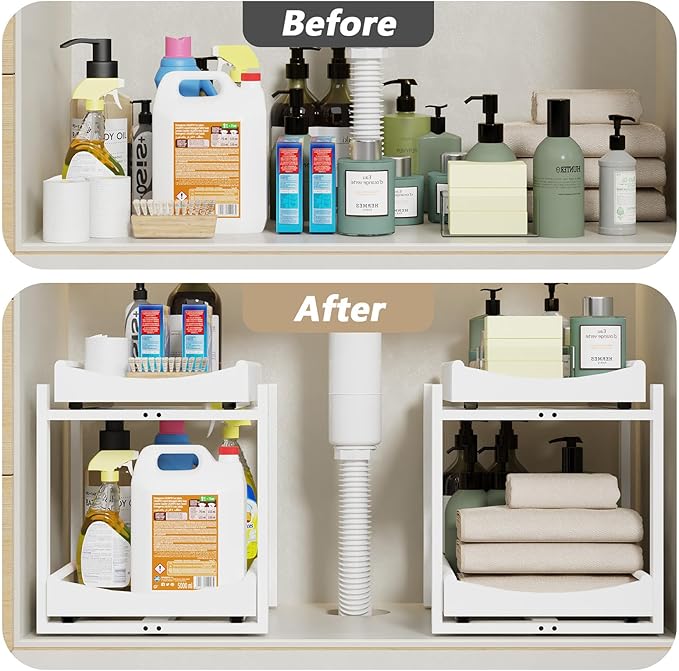 Bamboo Under Sink Organizer Adjustable Height 2 Tier Bathroom Organizer Pull Out Cabinet Storage Kitchen Heave Duty Wood Slide Ou Shelf for Kitchen Bathroom (White, 2 Packs)