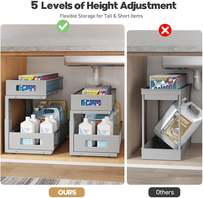 1 Pack 19IN Depth Under Sink Organizer, 2-Tier Pull Out Cabinet Organizer With Smooth Circular Rail, Large Capacity Metal Mesh Sliding Drawers For Bathroom& Kitchen Storage,Height Adjustable-Gun Gray