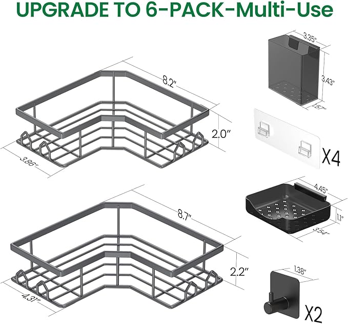 Adhesive Shower Caddy, 6 Pack Corner Bath Organizer, Rustproof Stainless Steel Shower Shelves with Large Capacity, No Drilling Shelves for Bathroom Storage, Home, Kitchen Decor (Dark Grey).