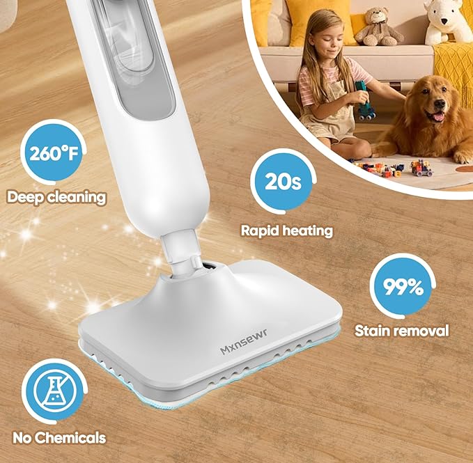 Steam Mop All-in-one Multi-Functional Powerful Steam Cleaner, Handheld Detachable Floor Steamer with 2 Steam Level, 380ML Water Tank & 23FT Power Cord for Whole Home Use（White