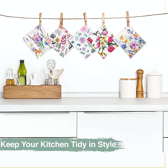 10 PCS Flower Print Swedish Dishcloths for Kitchen,100% Biodegradable, Reusable Cellulose Sponge Cloths, Ultra Absorbent, Eco Friendly Cleaning Towels Dishcloths for Washing Dishes & General Cleaning