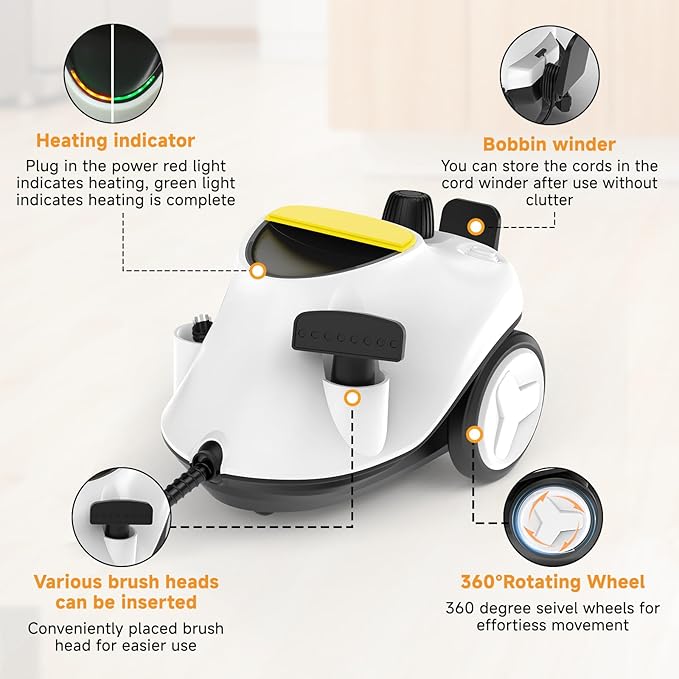 Steam Cleaner, with 27 Accessories, 2000W Portable Household Steamer, with 2.1L Tank and 6M Extra-Long Power Cord for Floor Cleaning,Tile, Carpet, Furniture, Upholstery, Grout, Kitchen, Car (white)