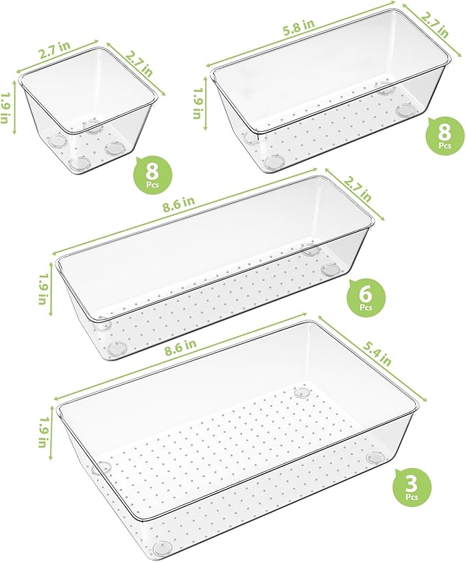 25 Piece Clear Drawer Organizer Set, 4 Sizes Bathroom Vanity Organizer Trays and Storage Bins for Makeup, Cosmetics, Jewelry, and Gadgets. Perfect for Office, Kitchen, Bedroom, Bathroom Use.