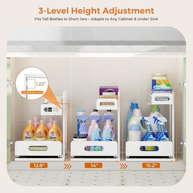 Delamu 2 Pack Metal Bathroom Organizers and Storage, 2 Tier Pull Out Under Sink Organizer for Kitchen Bathroom, Adjustable Under Sink Shelf for Multipurpose Cabinet Organizer, White