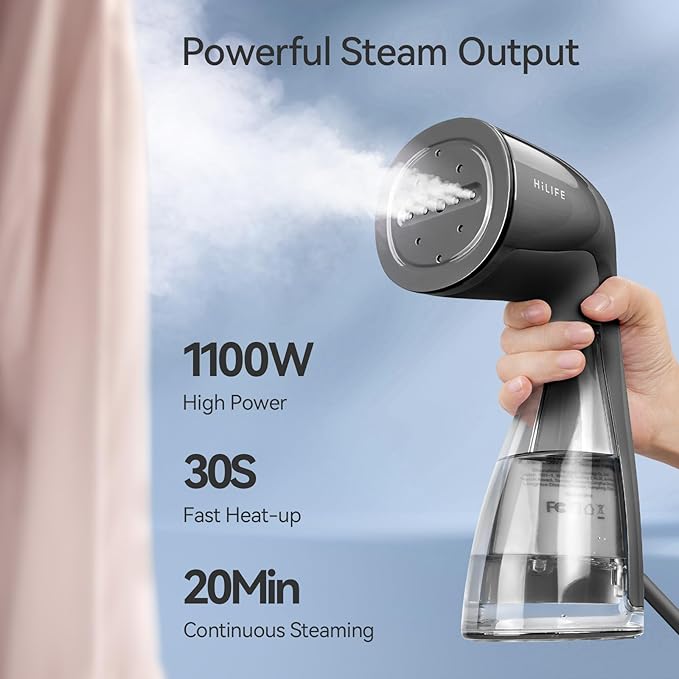 HiLIFE Steamer for Clothes, 1100W Clothes Steamer with Large 300ml Tank, Handheld Clothing Steamer, Fabric Wrinkle Remover, Portable & Compact Travel Size Garment Steamer ONLY FOR 120V (Grey)