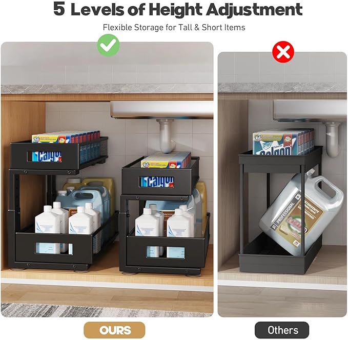 1 Pack 19IN Depth Under Sink Organizer, 2-Tier Pull Out Cabinet Organizer With Smooth Circular Rail, Large Capacity Metal Mesh Sliding Drawers For Bathroom& Kitchen Storage,Height Adjustable-Black