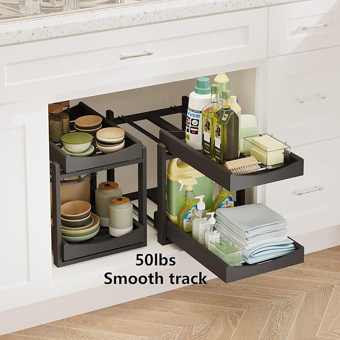 Bamboo Under Sink Organizer Adjustable Height 2 Tier Bathroom Organizer Pull Out Cabinet Storage Kitchen Heave Duty Wood Slide Ou Shelf for Kitchen Bathroom (Black, 2 Packs)