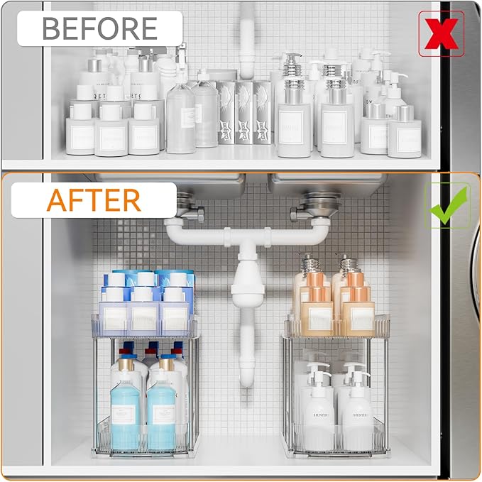 2 Pack Large Pull Out Bathroom Organizers and Storage,2 Tier 12.8″ Tall Sliding Kitchen Under Sink Organizer for Cleaning Products Storage,Acrylic Clear Bathroom inder Sink Organizer,Undersink Storage