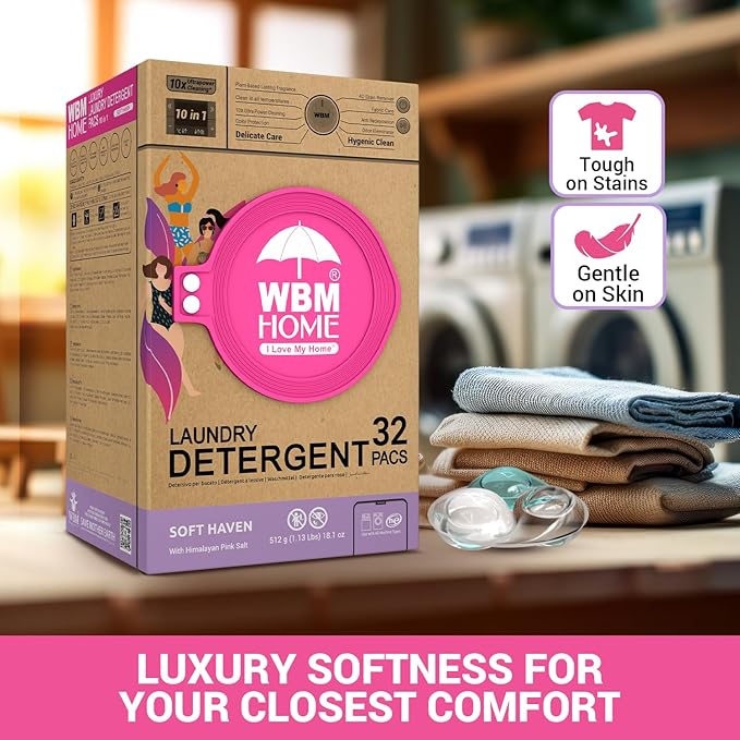 WBM Laundry Pods, 32 Count | Specially Designed for Undergarments With Soft Heaven Fragrance | Laundry Detergent Pods Formulated With Plant-Based Formula and Gentle Stain Remover