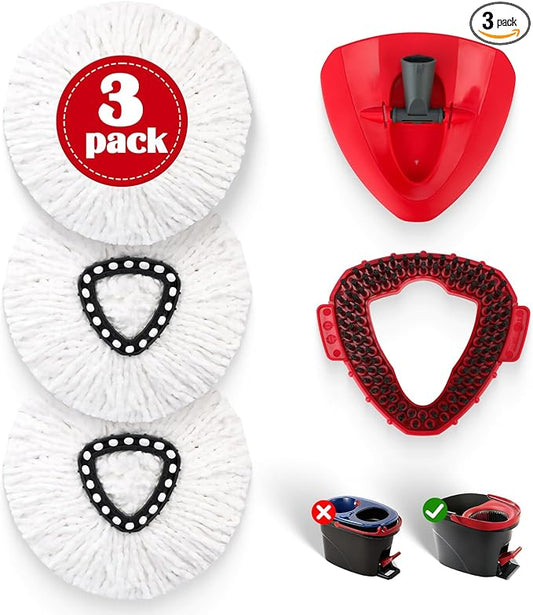 3 Pack Spin Mop Replacement Head for O-Ceda EasyWring 1-Tank System, 3 Microfiber Spin Mops Refills,1 Scrubber Head,1 Triangle Spin Base,Deep Clean,Machine Washable and Easy to Replace