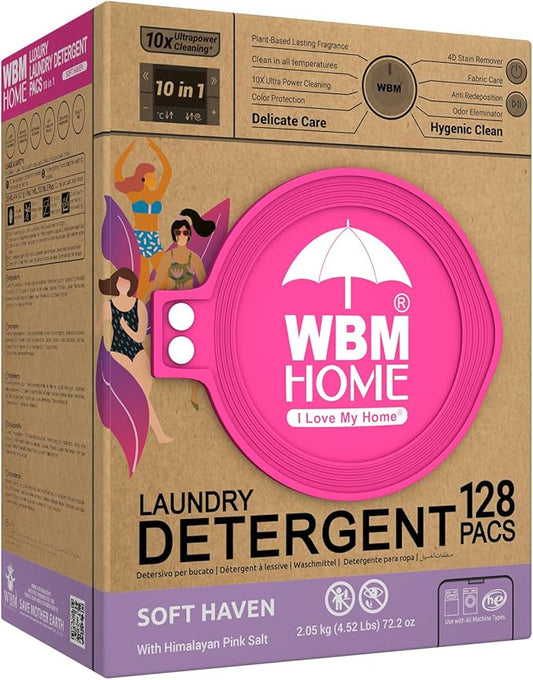 WBM Home Laundry Pods, Total 128 Count | Specially Designed for Undergarments With Soft Heaven Fragrance | Laundry Detergent Pods Formulated With Plant-Based Formula and Gentle Stain Remover