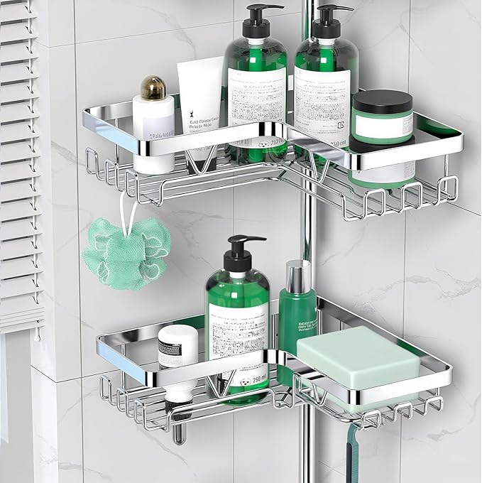 Corner Shower Caddy Tension Pole - Chrome Tension Rod Shower Caddy Adjustable Shampoo Holder for Bathroom/Bathtub/RV, Stainless Steel, Floor to Ceiling 25-114.2 inch