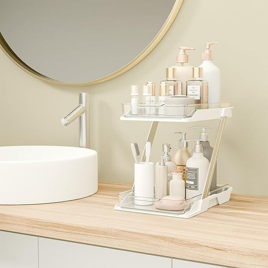 1 Pack Bathroom Organizers and Storage - Multi-Purpose,2-Tier Clear Pull Out Organization for Bathroom,Under Sink,Kitchen,Vanity,Countertop,Cabinet,Pantry & Medicine Cabinet,White