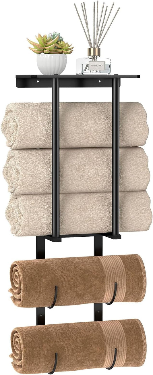 Towel Racks for Bathroom, Bathroom Towel Rack Wall Mounted with 2 Tiers Rolled Towel Holder, Towel Storage can Holds 3 Large Rolled Towels, Black