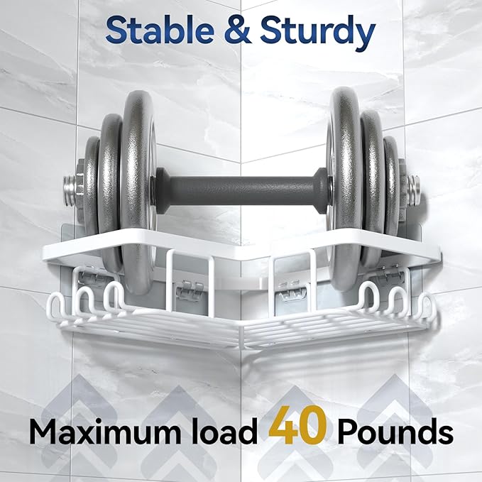 YASONIC Corner Adhesive Shower Caddy, with Soap Holder and 12 Hooks, Rustproof Stainless Steel Bathroom Organizer, No Drilling Wall Mounted Rack, White, 3-Pack