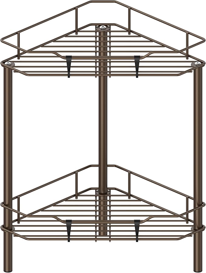 2 Tier Floor Standing Corner Shower Caddy Organizer Shelf with Hooks, Bathroom Shelves Stand Rack, Bronze