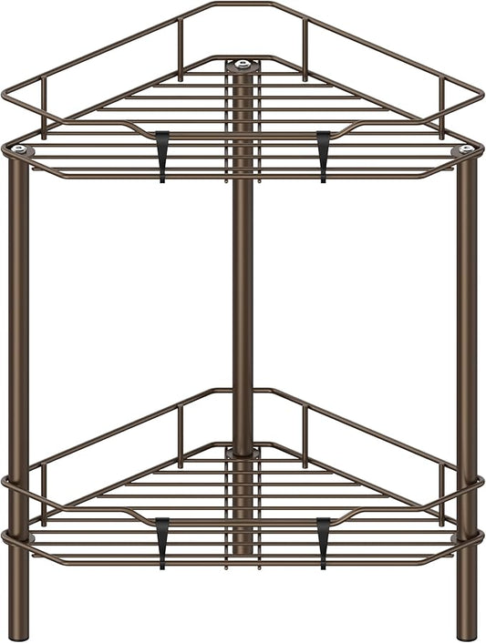 2 Tier Floor Standing Corner Shower Caddy Organizer Shelf with Hooks, Bathroom Shelves Stand Rack, Bronze