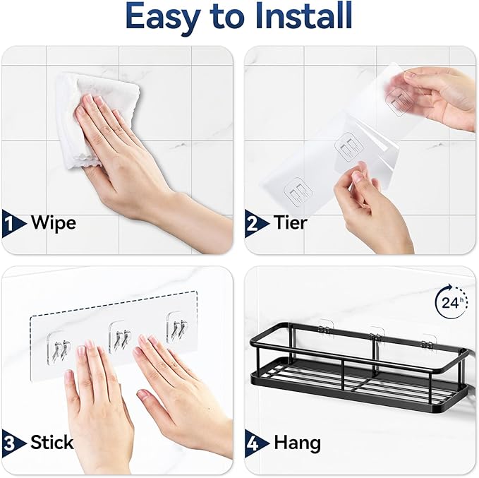 YASONIC Shower Caddy Adhesive, Rustproof Shower Shelves for Inside Shower, Large Capacity Bathroom Organizers and Storage, Shower Storage with Removable Hooks, No Drill Bathroom Accessories Black