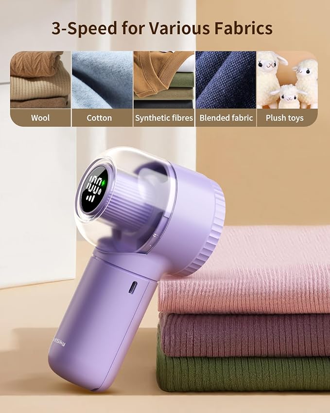 coldSky Fabric Shaver, 𝟮 𝗶𝗻 𝟭 Lint Remover with Brush, 1200mAh Sweater Shaver with Digital Display,3 Speeds Lint Shaver, 6-Leaf Blades Lint Remover for Clothes, Sofa, Bedding,Purple