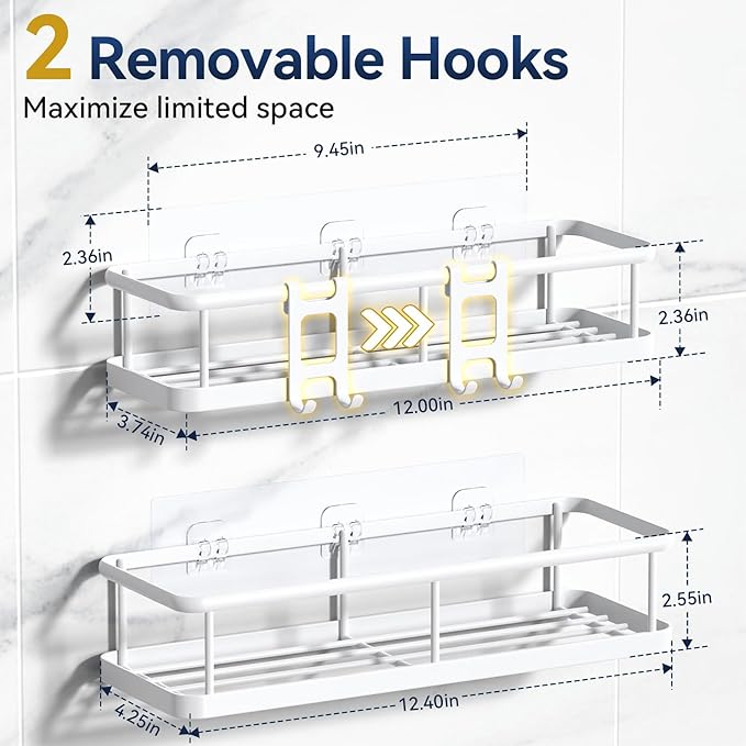 YASONIC Shower Caddy Adhesive, No Drill Bathroom Shower Organizers, with Removable Hooks, Rust Proof Shower Shelves, Wall-Mounted Shower Holder, White, 2 Pack