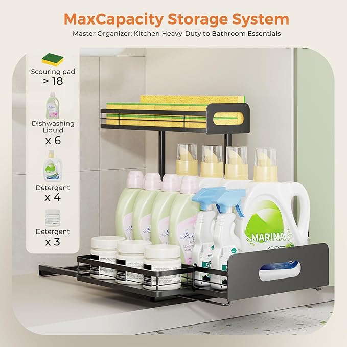 Delamu 2 Pack Metal Bathroom Organizers and Storage, 2 Tier Pull Out Under Sink Organizer with 2 Small Baskets, Adjustable Under Sink Shelf for Multipurpose Cabinet Organizer, Black