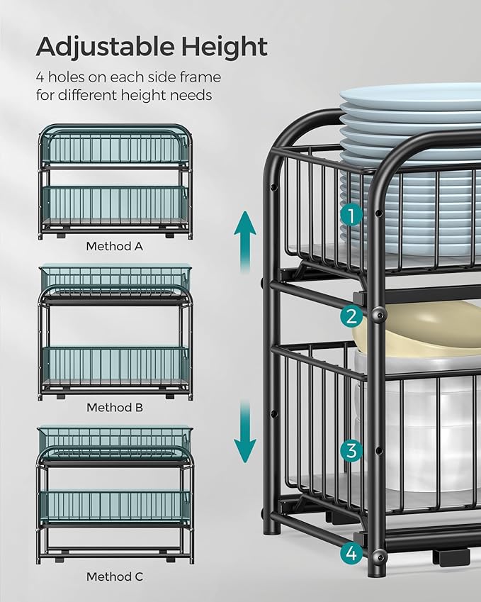 SONGMICS 2-Tier Pull Out Cabinet Organizers, Under Sink Organizer, Bathroom Organizer and Storage, Sliding Basket Drawers, Stackable for Kitchen, Bathroom, Ink Black UKCS017B01