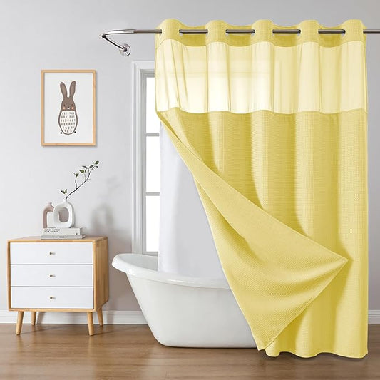 Yellow No Hook Waffle Weave Shower Curtain with snap-in Liner Replacement, 230GSM Waterproof Fabric Hotel Shower Curtain Set for Bathroom, Through Mesh Top Window,71Wx80H