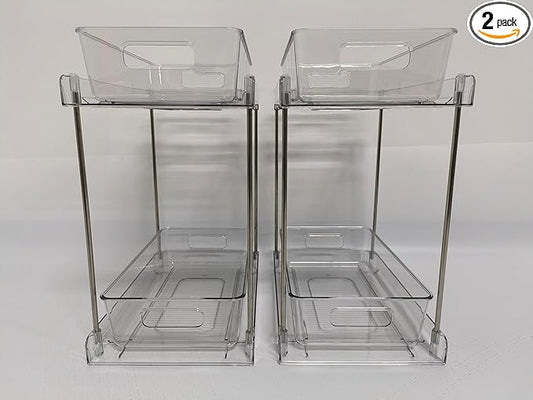 Vtopmart 2 Pack Higher Bathroom Organizer, 2 Tier White Under Sink Organizers Vanity Countertop Storage Container,Cabinet Drawers Bins, Pull-Out Organization with Track for Pantry, Kitchen