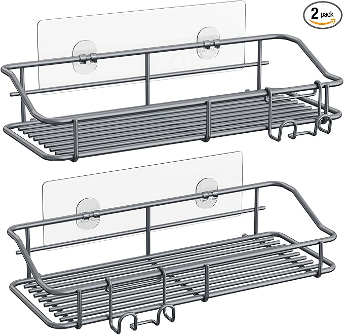Nieifi Shower Caddy Shelf with Hooks Storage Rack Organizer Adhesive Stainless Steel Without Drilling for Bathroom, Lavatory, Washroom, Restroom, Shower, Toilet, Kitchen - 2 Pack (Gray)