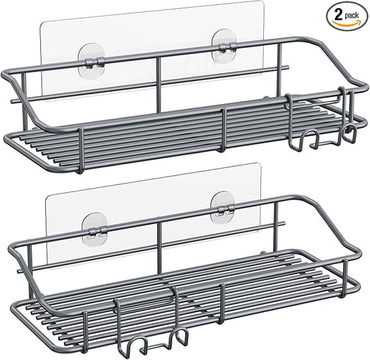 Nieifi Shower Caddy Shelf with Hooks Storage Rack Organizer Adhesive Stainless Steel Without Drilling for Bathroom, Lavatory, Washroom, Restroom, Shower, Toilet, Kitchen - 2 Pack (Gray)