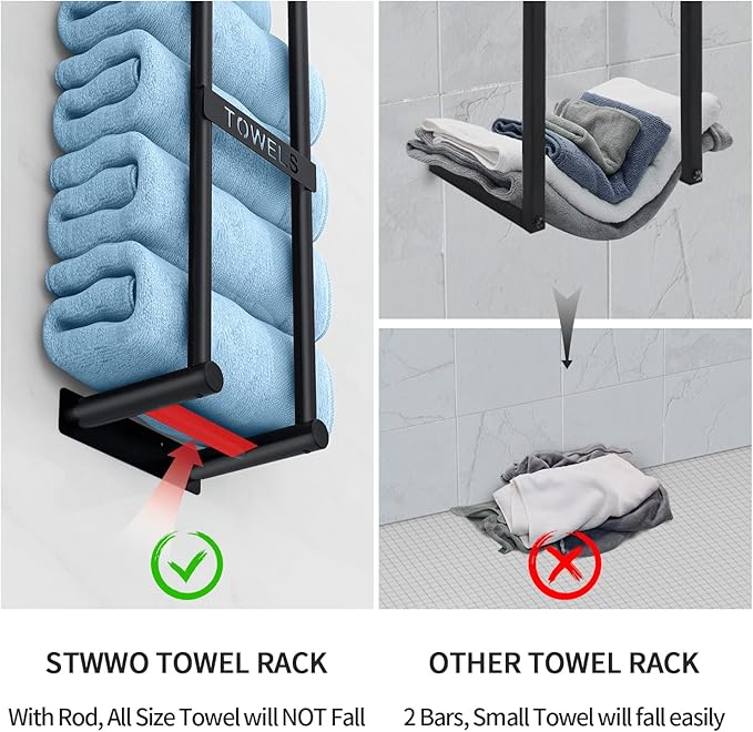 Towel Racks for Bathroom Wall Mounted, 22inch Wall Towel Rack for Rolled Towels, Towel Storage for Small Bathroom, Black