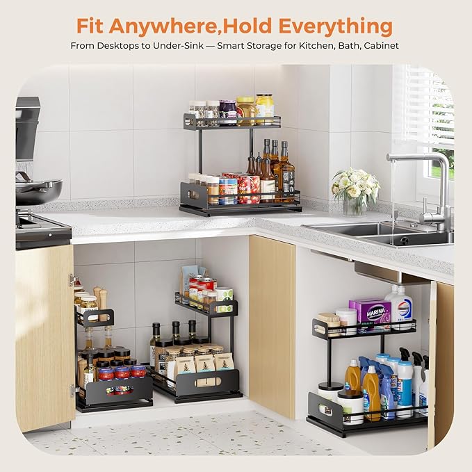 Delamu 2 Pack Metal Bathroom Organizers and Storage, 2 Tier Pull Out Under Sink Organizer with 2 Small Baskets, Adjustable Under Sink Shelf for Multipurpose Cabinet Organizer, Black