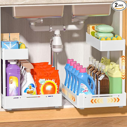 YJHome 2 Pack Expandable Under Sink Organizer, 2 Tier Pull Out Cabinet Organizer with Smooth Ball Bearing Slides, Adjustable Height Cabinet Storage Shelves for Kitchen, Bathroom, Laundry, Pantry