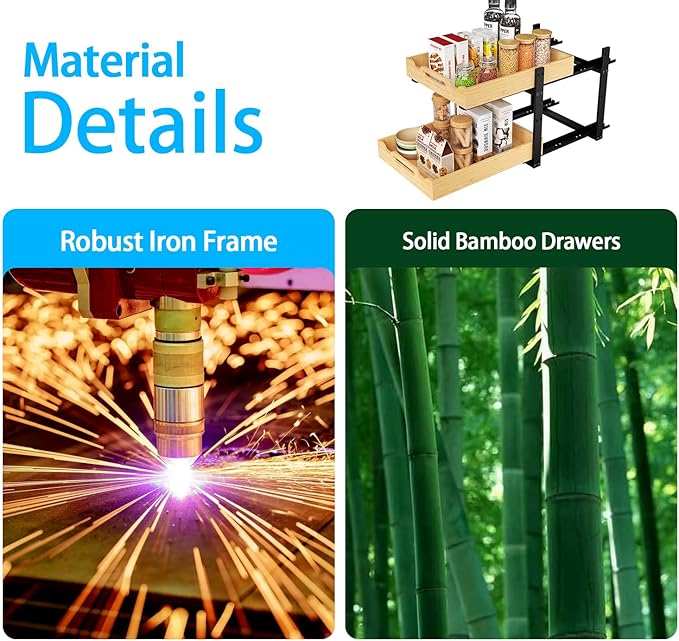 Golener Pull Out Cabinet Organizer - 2-Tier Slide Out Bamboo Drawers for Kitchen Cabinets, Bathroom Organizers and Storage, Under Sink Organizer for Kitchen Storage Organization with Coated Iron Frame