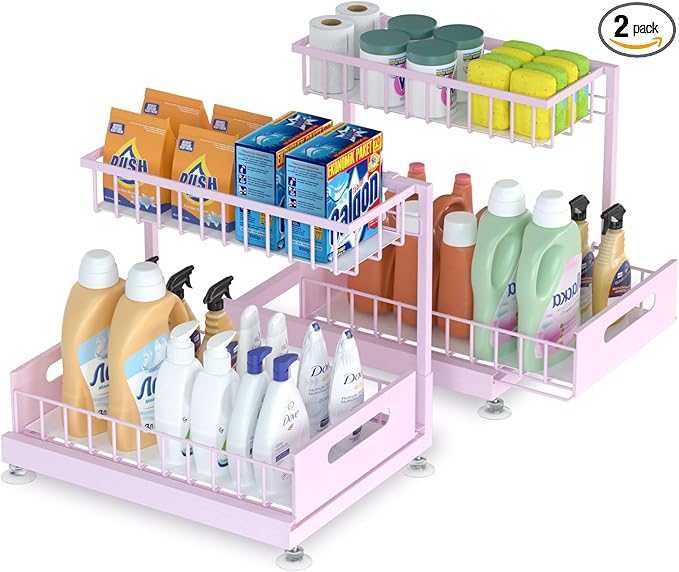 Under Sink Organizer Storage 2-Tier Premium Metal Pull-Out Kitchen Cabinet Organizer with Sliding Drawer, Height Adjustable, Heavy Duty for Kitchen & Bathroom Organizers 2 Pack Pink