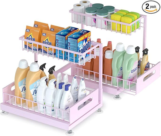 Under Sink Organizer Storage 2-Tier Premium Metal Pull-Out Kitchen Cabinet Organizer with Sliding Drawer, Height Adjustable, Heavy Duty for Kitchen & Bathroom Organizers 2 Pack Pink